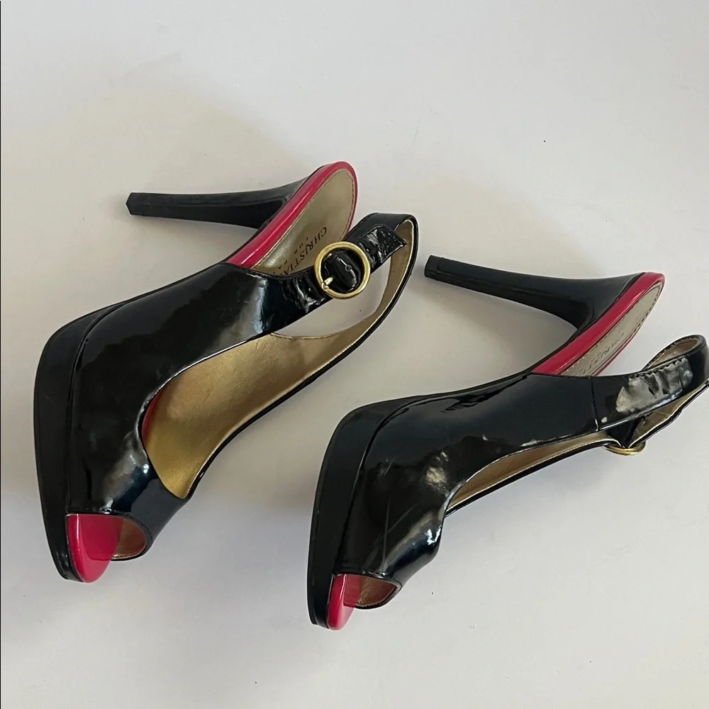 Christian Siriano‎ Black and Red Peep Toe Slingback Heels